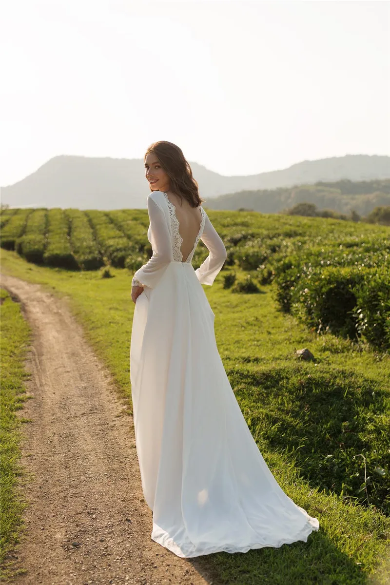 Vestido de noiva mangas compridas, decote em o, costas nuas, feminino, estilo boho, chiffon, com apliques