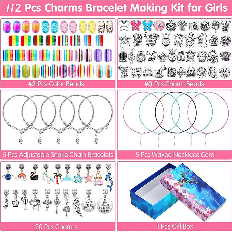 Kit de fabrication de bijoux de noël, 112 pièces, Bracelet à breloques, colliers, cadeau, ensemble de perles en alliage Pandora, bricolage, Bracelet pour enfant, livraison gratuite