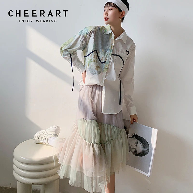 CHEERART Autumn Aesthetic Shirt Long Sleeve Top Women Blouse Cotton Print Button Up Collar Designer Shirt Fashion 2020