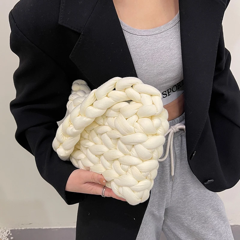 New Vintage Women Canvas Shoulder Shopping Bag Korean Wool Knitted Woven Crossbody Bag for Woman 2021 Female Handbags Shopper