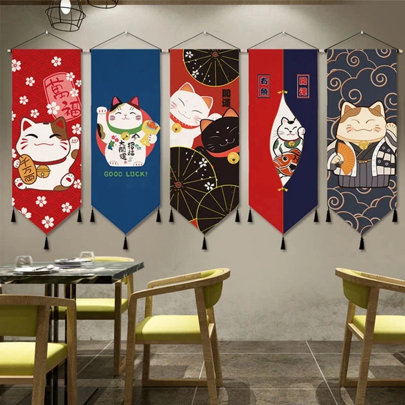 

Japanese Ukiyoe Office Canvas Art Painting Lucky Cat Hang Wall Tapestry with Tassels Print Pictures Home Living Room Decoration