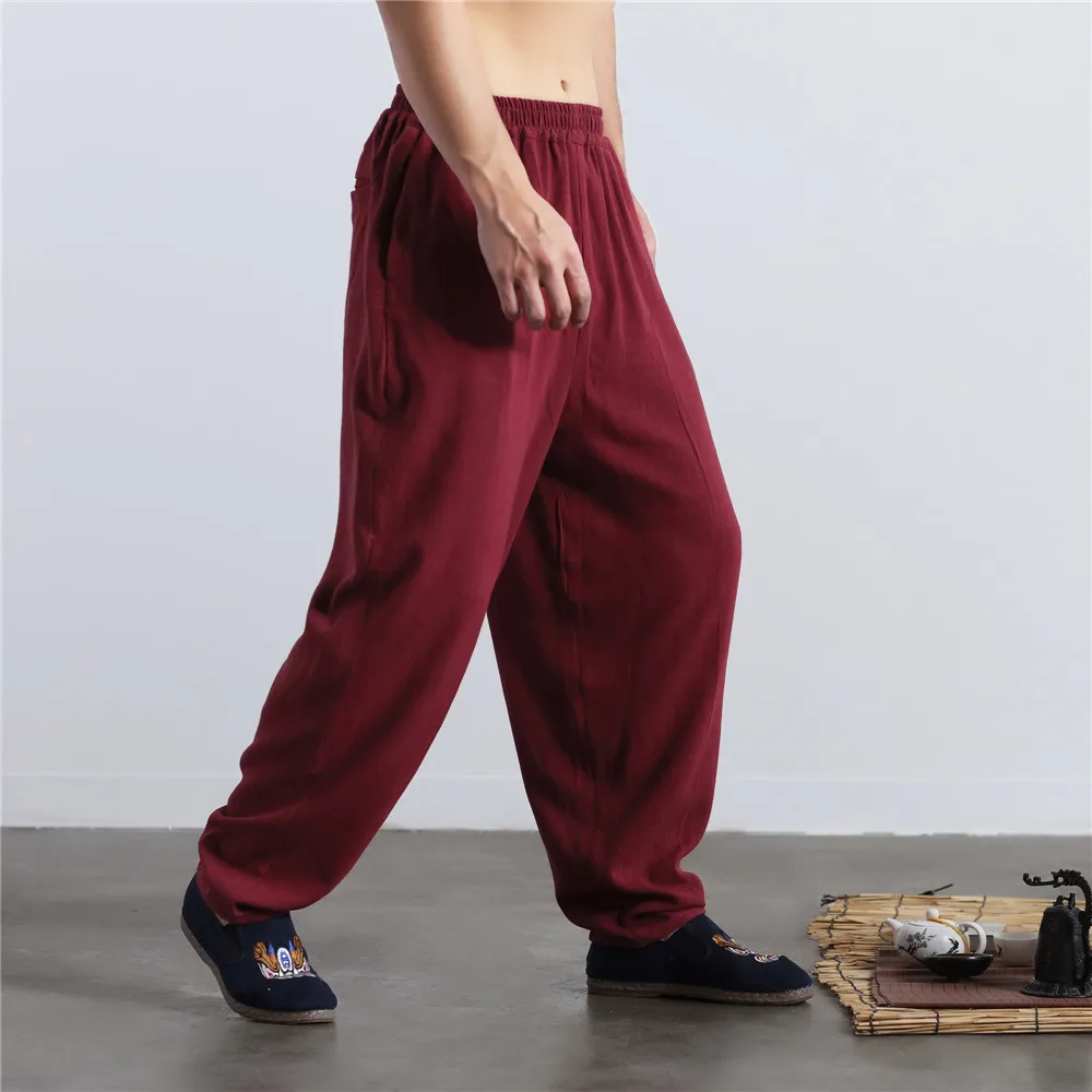 Men Sweatpants Cotton Linen Loose Wide Leg Harem Bloomers Yoga Pant Male Running Jogger Fitness casual Pant Trouser Activewear