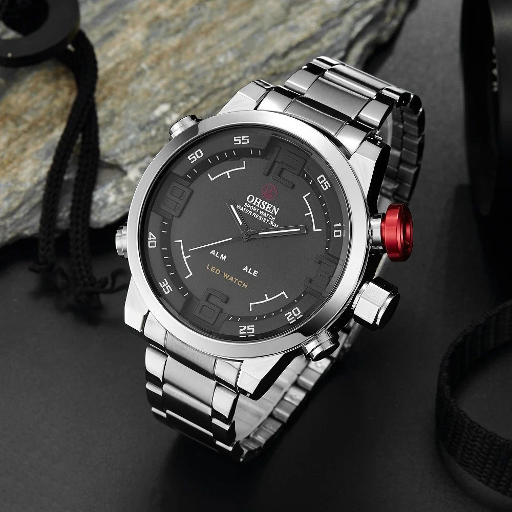 OHSEN Digital quartz Men Business Wristwatches Alloy case Waterproof Black Military man Watch Fashion Multi function Sport Clock