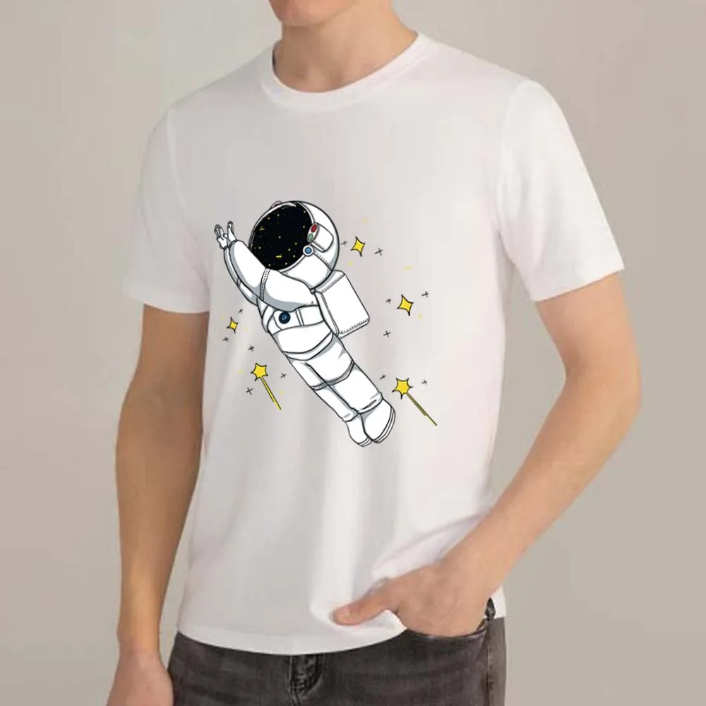 Trendy Men's T-shirt Casual Cute Classic Astronaut Graphic Print Series Tshirt Slim Fit Round Neck Soft White Youth Clothing Top