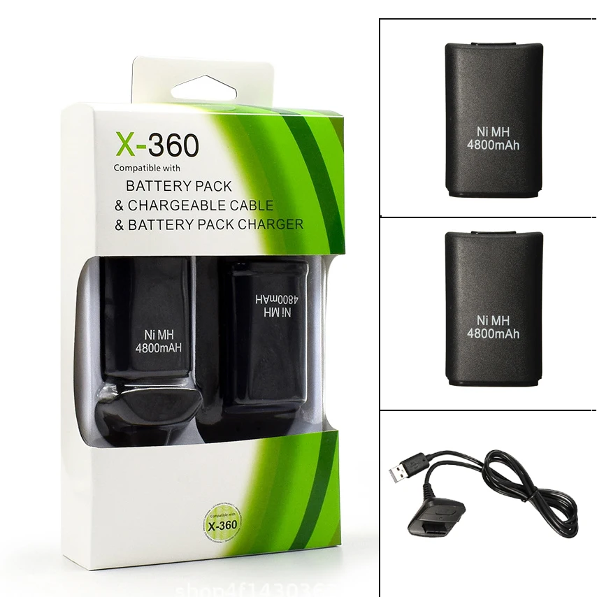 Batería de repuesto para Xbox 360, 2 unidades, 4800mAh, Cable de carga, mando inalámbrico