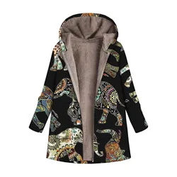 Women Winter Leisure Printed Hooded Plush Jacket Fleece Zipper Coat Loose Thick Warm Pockets Outwear Parkas Пальто Женское