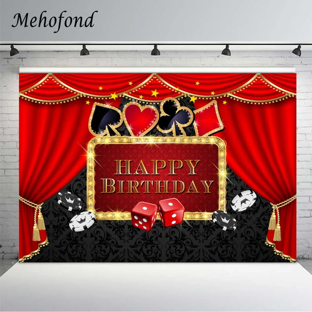 Mehofond Casino Backdrop Las Vegas Poker Red Curtain Gold Glitter Birthday Party Photography Background Photo Booth Studio Decor