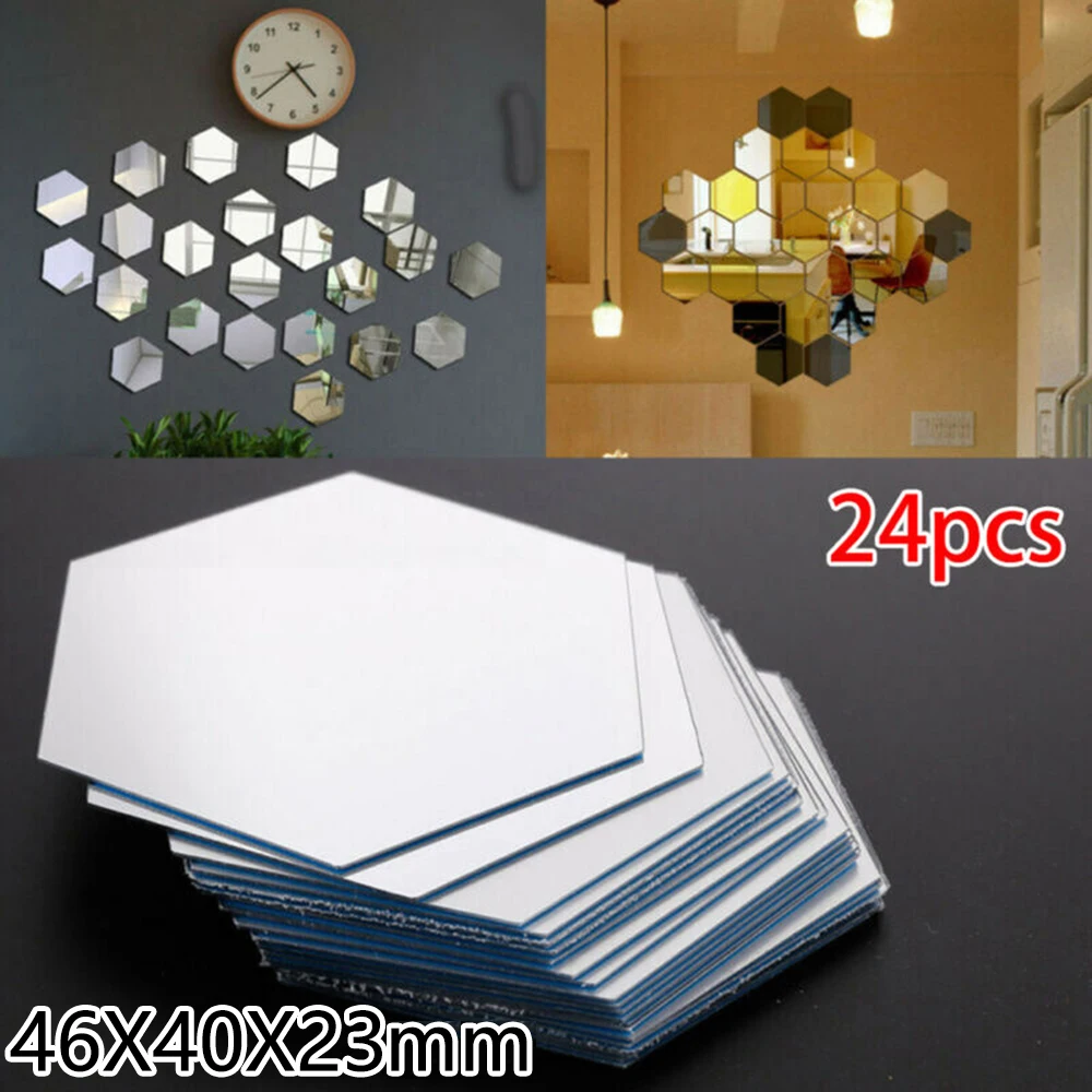 24Pcs 3D Mirror Hexagon Wall Stickers Removable Art Decal Home Decor Mural DIY Silver Acrylic Reflective Mirror Wall Stickers