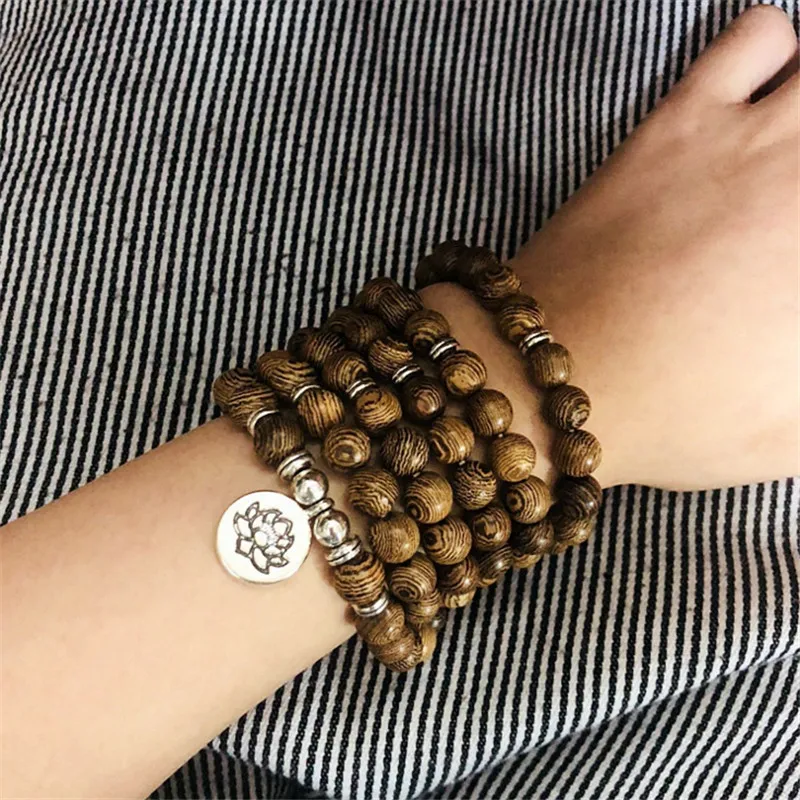 Unisex Women Men Yoga 108 Beads Rosary Bracelet Natural Sandalwood Buddhist Buddha Wood Prayer Beaded Lotus OM Bracelets Jewelry