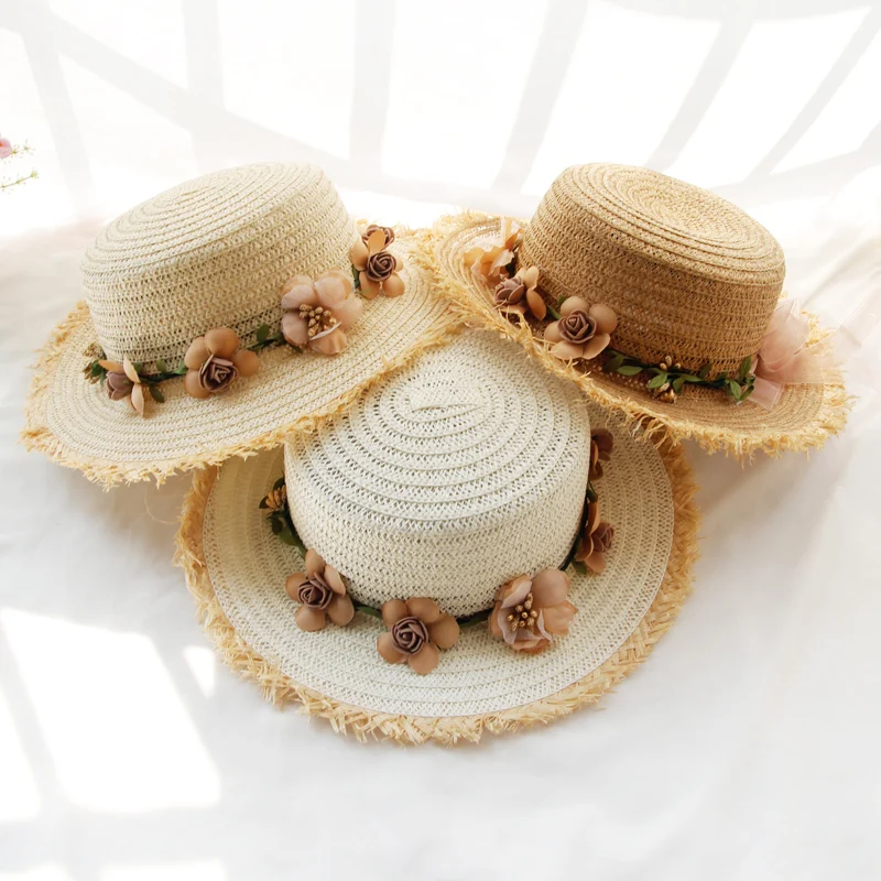 Parent-child sun hat big brim hat brim beach hat handmade flower straw hat girl sun hat summer hat female tide wide brim hat cap