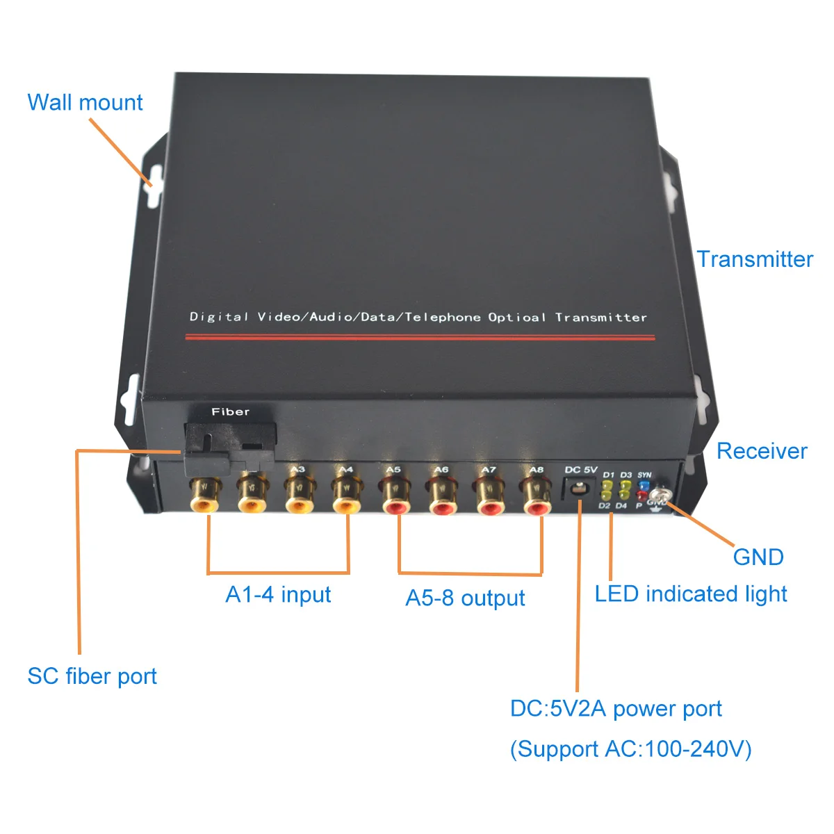 Extensor audio de 4 bidi sobre a fibra, 4 rca áudio bidirecional à fibra ótica sc sm 20km para a monitoração do intercomunicador do sistema de transmissão