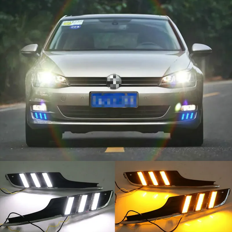 2PCS For Volkswagen Golf 7 MK7 2013-2016 Yellow Turn Signal Function LED Daytime Running Light Waterproof 12V Car DRL Lamp