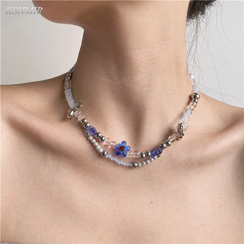 Exquisite design flower butterfly glass bead double layer necklace personality cold style female clavicle chain accessories