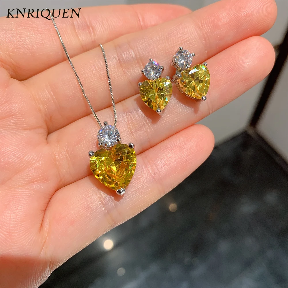 

2021 Vintage Heart-Shaped Lab Topaz Gemstone Earrings Pendant Necklace for Women Wedding Charms Jewelry Sets Anniversary Gift