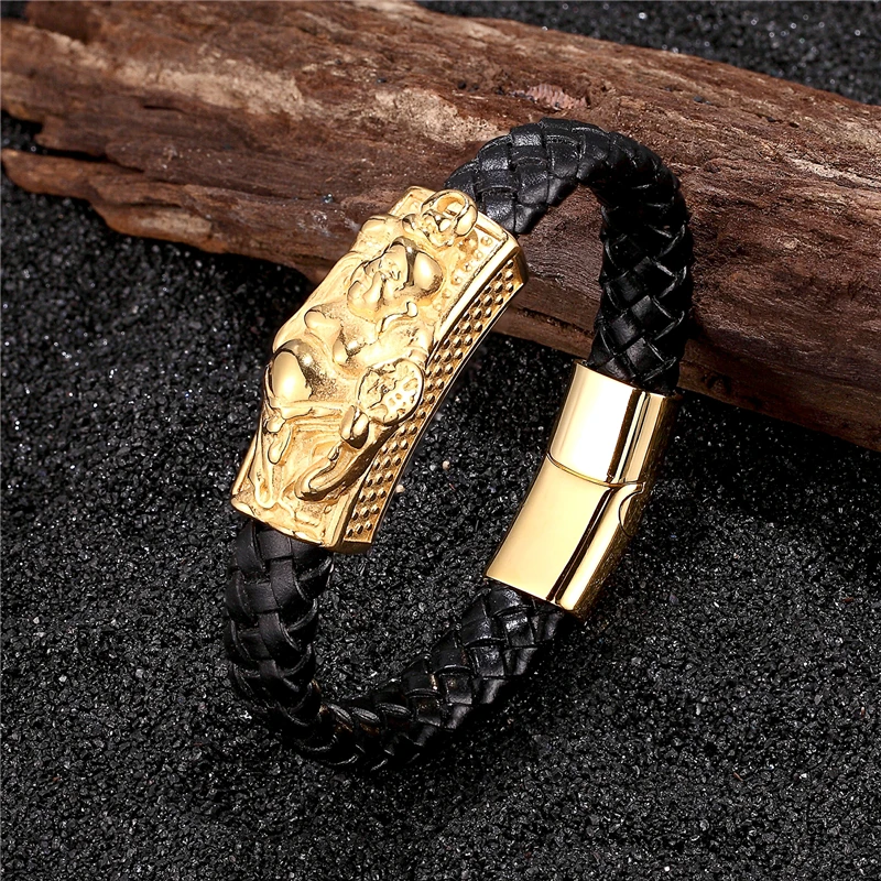 MKENDN Cross Style Classic Handmade Leather Chain Braided Men Bracelets Fashion Magnet Clasp 316L Stainless Steel Wristband