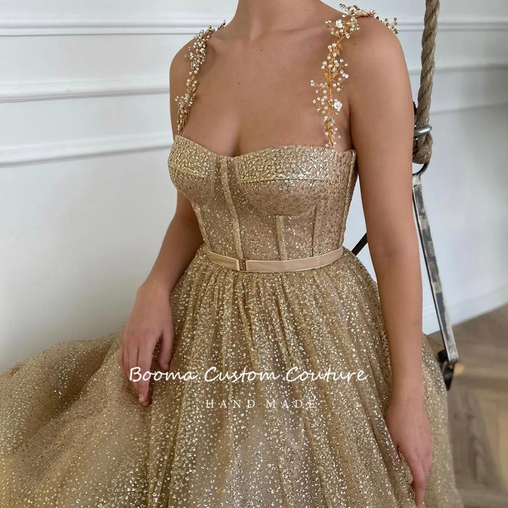 Booma Gold Glitter Tulle Prom Dresses Beaded Straps Tea-Length Prom Gowns Pockets A-Line Short Formal Party Dresses Plus Size