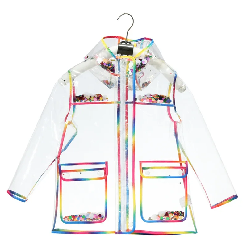 Transparent Rainbow Colorful Edge Kids Raincoat Waterproof TPU Children Windproof Rain Coat Jacket With Hood Boys Girls Poncho