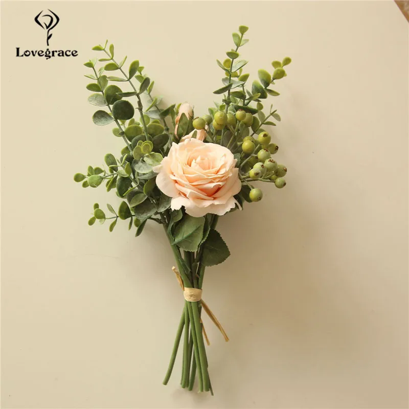 Lovegrace Bouquet เจ้าสาวดอกไม้งานแต่งงานเจ้าสาว Rose Eucalyptus ใบ Bouquet ดอกไม้ประดิษฐ์ดอกไม้ผ้าไหมตารางกลางอุปกรณ์เสริม