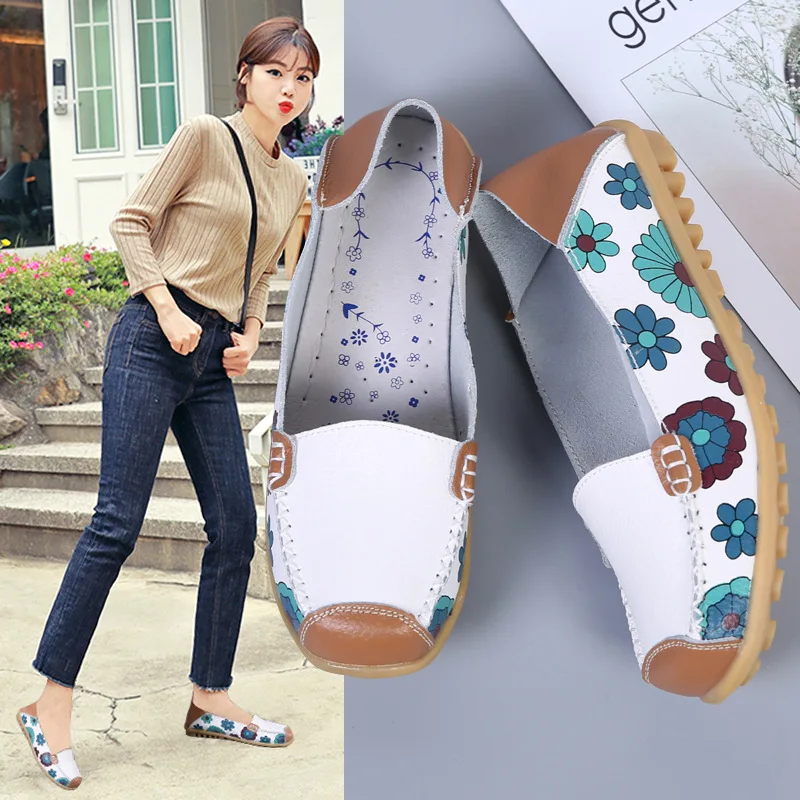 2021 New Two-layer Real Cowhide Printed Women's Single Shoes Flat Casual Women's Shoes Mother's Shoes Comfortable Casual Shoes