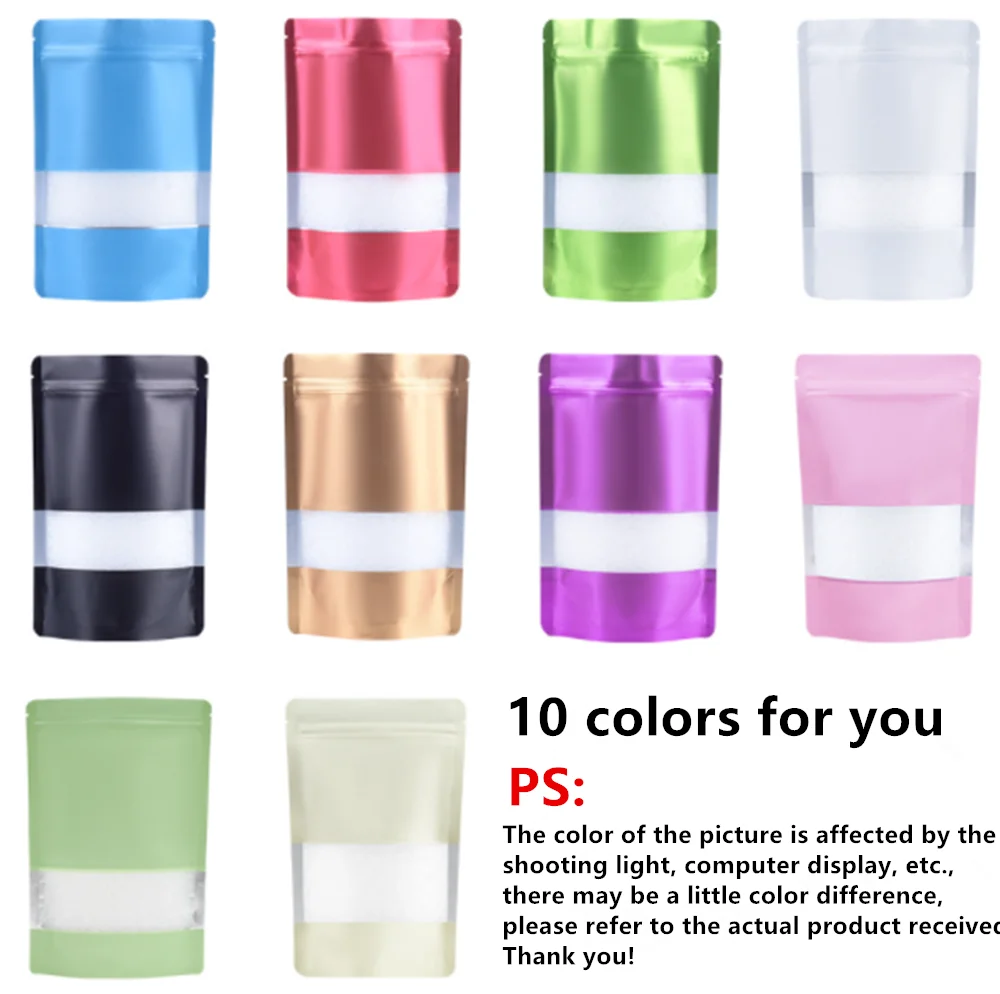 Zipper Bag 100pcs Colored Re-closable Stand Up Aluminum Foil Zip Lock Bags with Window Matt Finish Kitchen Food Packing Storage