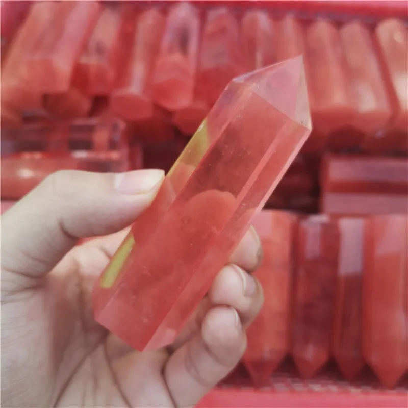 Natural Red Fused Quartz Crystal Hexagonal Column Crystals Point Healing Wand Mineral Home Decoration Study Room Decoration