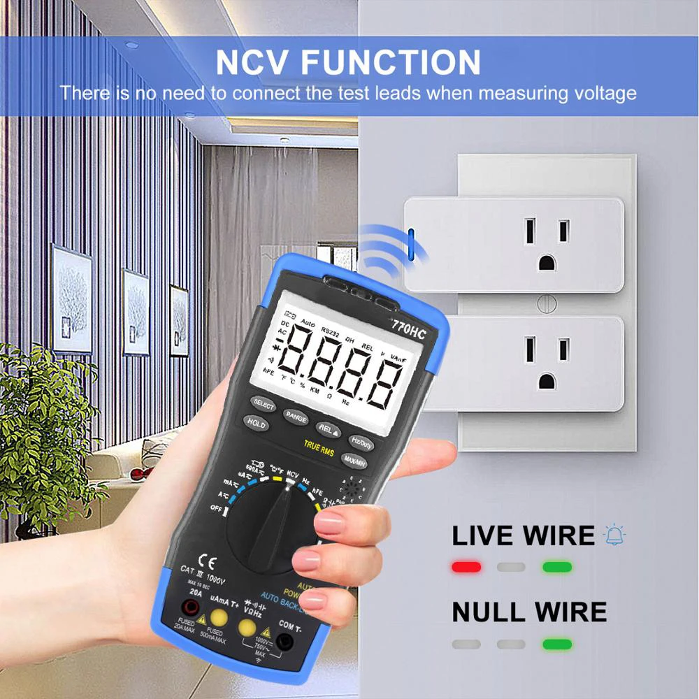 Digital Multimeter 770HC Auto Ranging AC/DC Voltage Current True RMS with NCV Feature and Temperature/Frequency/Duty Cycle Test
