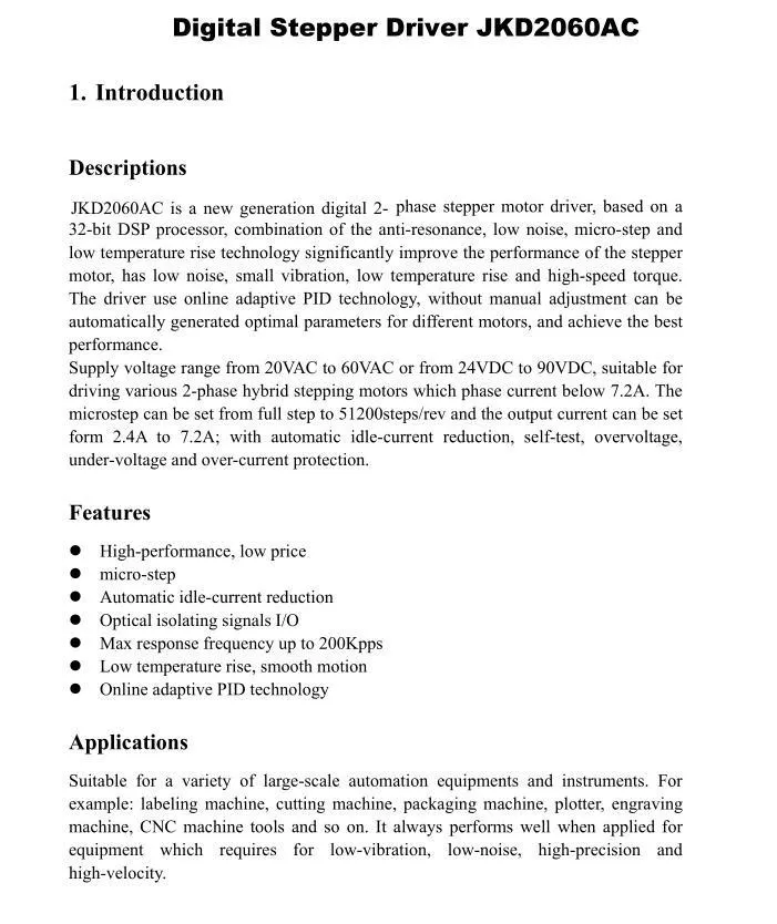2 phase stepper motor driver/digital controller JKD2060 peak 7.2A 256 microstep 24V-80VDC