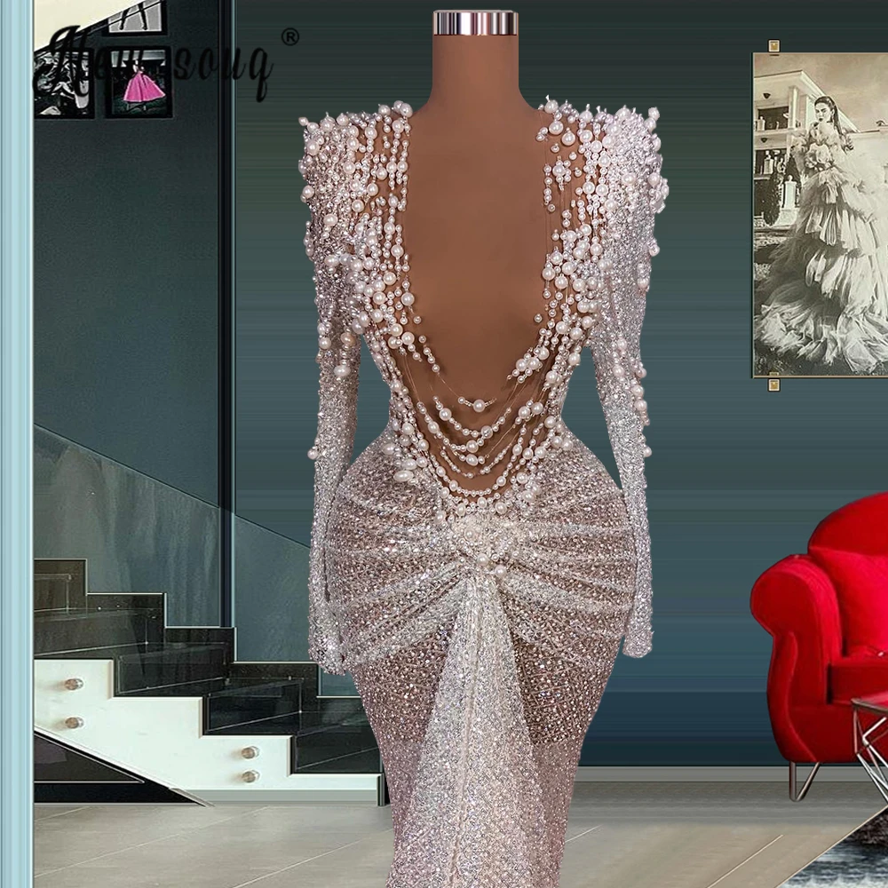 Sexy Illusion Mermaid Evening Dresses for New Year Pearls Beaded Dubai Arabic Long Prom Gowns robe de soiree Wedding Gowns