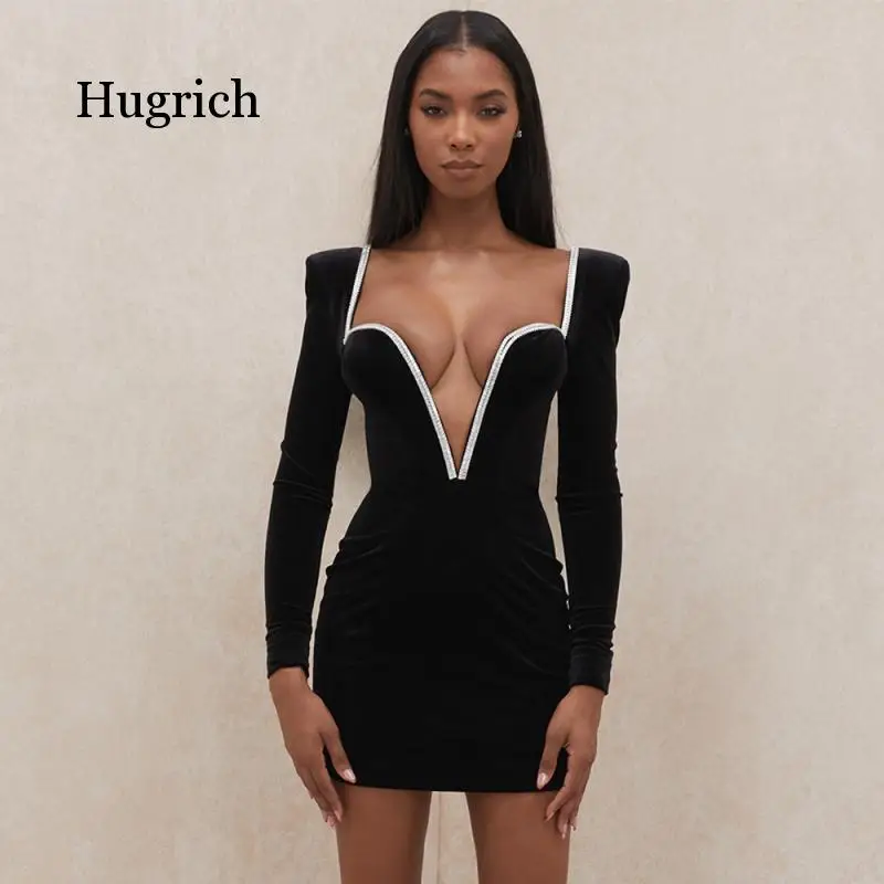 

2021 High Quality Black Celebrity Long Sleeve Deep V-Neck Bodycon Dress Elegant Club Party Dress Vestidos