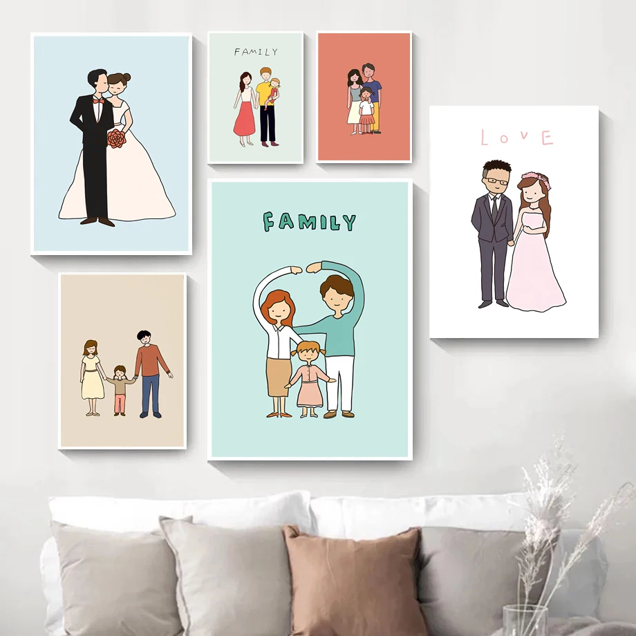 Happy Family Of Three Prints Cartoon Characters Living Room Dining Room Decoration Painting Warm Room Bedroom Mural