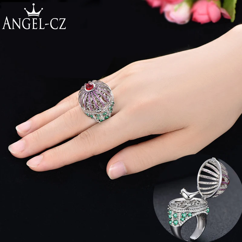 ANGELCZ Exclusive Party Jewelry Multicolor CZ with Red Stone Lucky Dancing Bird Vintage Big Open Finger Ring for Women Man AR070