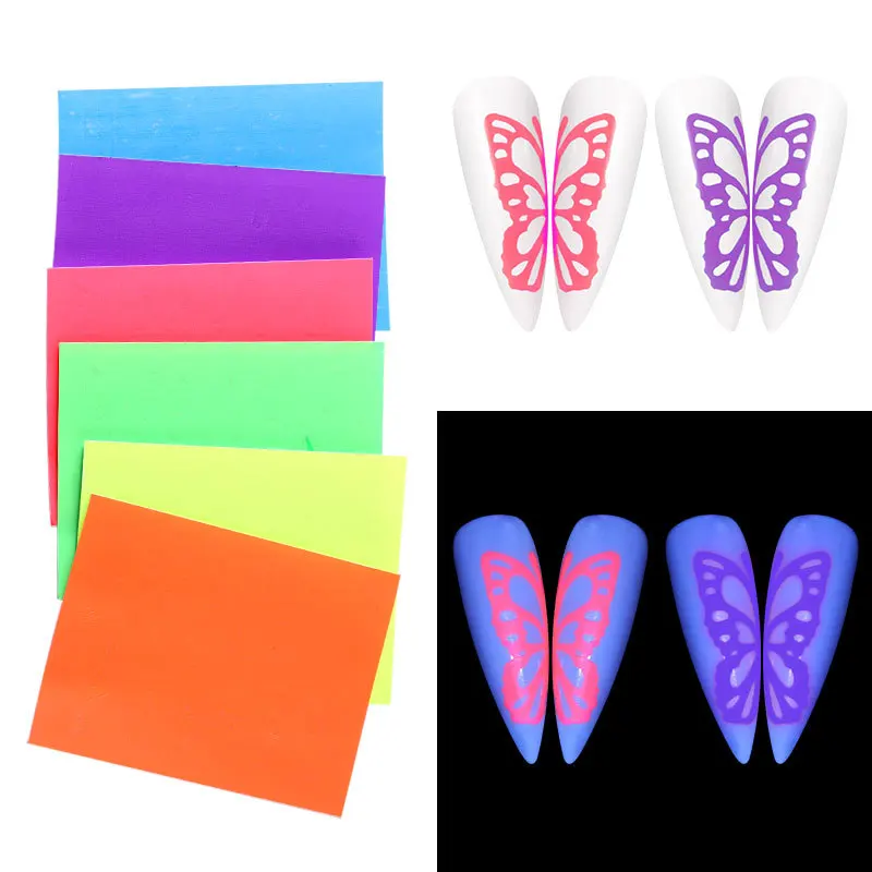 Nail Art Deco Stickers Explosion Color fluorescence Luminous Laser Butterfly Sticker Adhesive Aurora decals 6 color set T1603