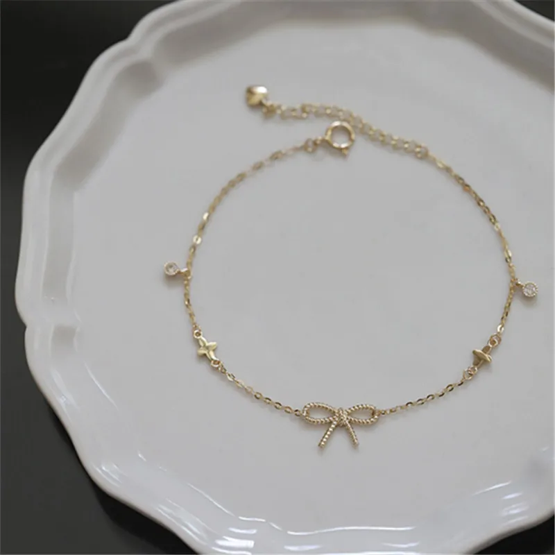 925 Sterling Silver 14K Gold Plated Zircon Bracelet for Women Simple Temperament Twist Bow Star Bracelet Jewelry