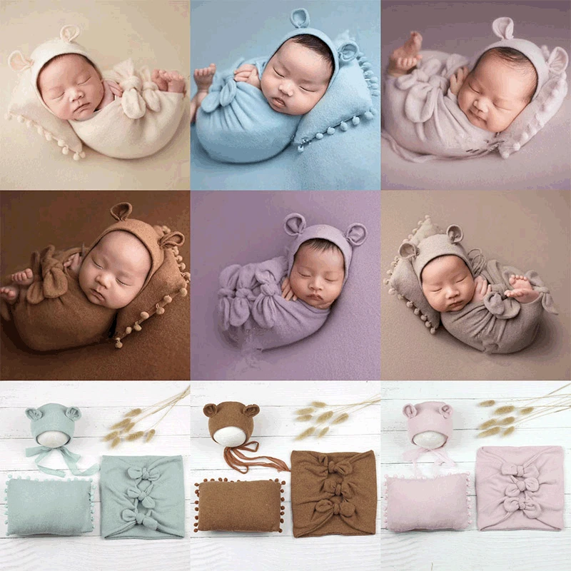 

Newborn Baby Photography Wraps Swaddle 3pcs Set Bear Hat Pillow Photo Costumes Studio Props Boys Girls Clothing Bows