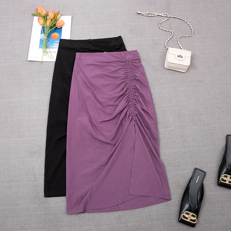 Summer 2020 New Chicing Irregular High Waist Thin Pleated Wrap Long Cotton Tango Slit Black Tulle Purple Vintage Skirt For Women