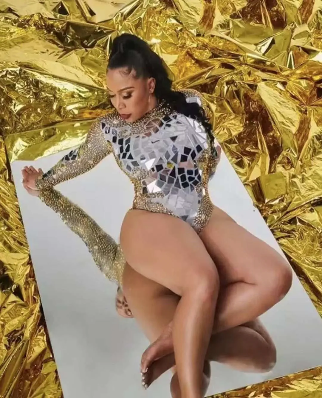 Femmes or argent miroir cristal body anniversaire célébrité bal tenue de fête chanteur danseur discothèque Performance danse Costume