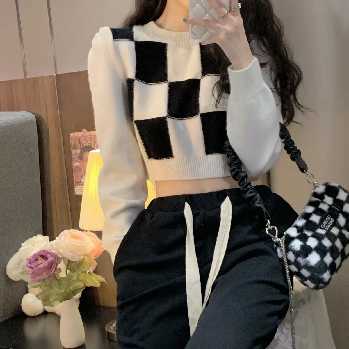 Cropped Pullovers Women Checkerboard Plaid Fashion Vintage Loose Long Sleeve Sweaters Students Streetwear Knitted Jumpers Korean