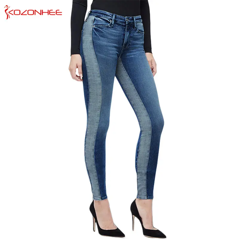 Double color Splice Stretch Jeans Women Mid Wais Elasticity Tight Skinny Pencil Women Jeans #23