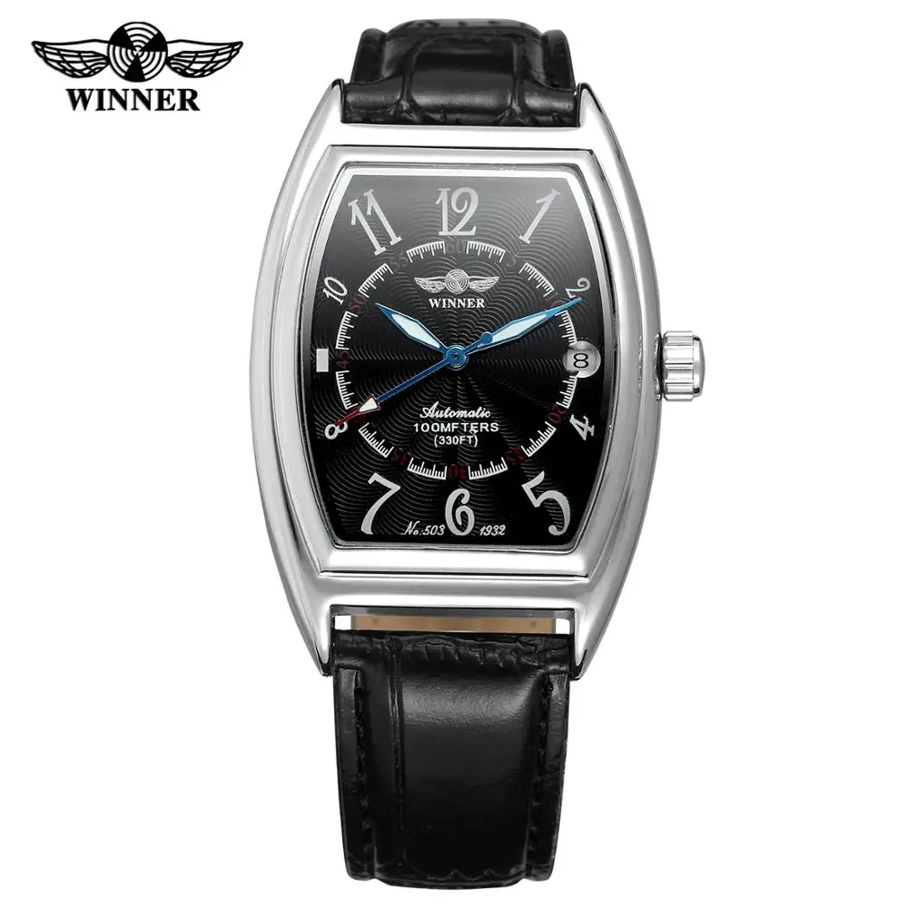 T-WINNER Fashion simple casual men\'s watch rectangular black dial silver case black leather strap automatic mechanical watch