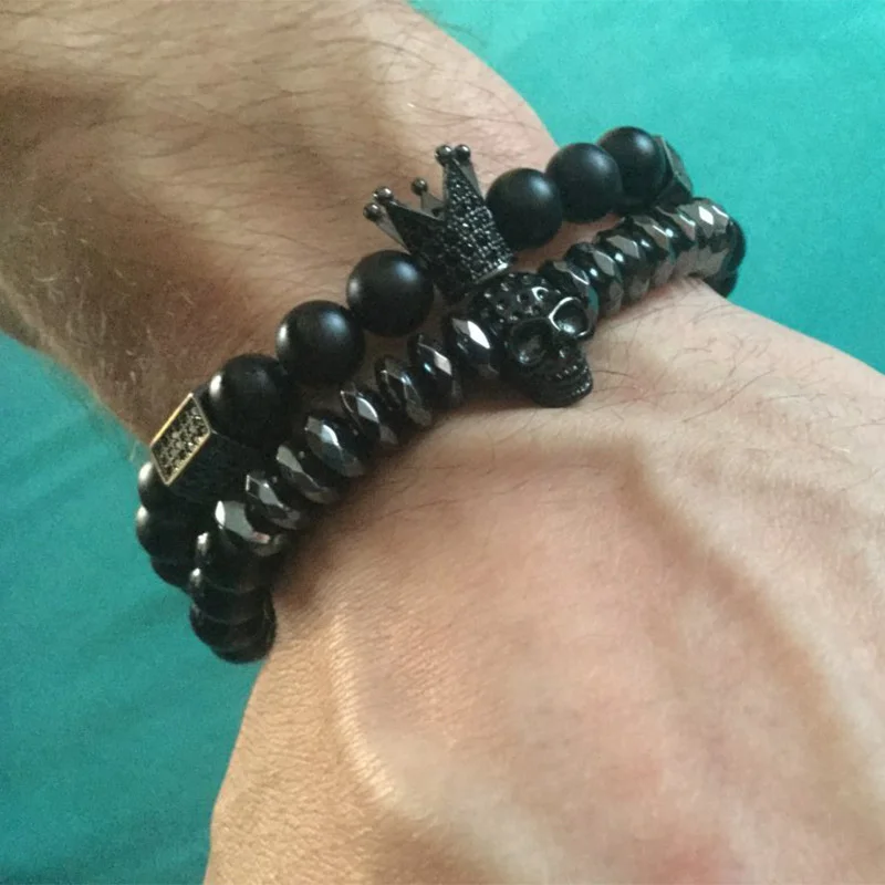 Punk Style Men Beaded Bracelet Black Natural Stone Beads Skull Crown Micro-inlaid Zircon Set Bracelets for Men Male Jewelry Gift