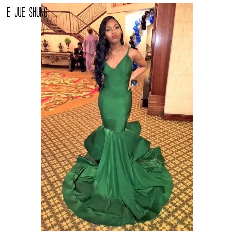 

E JUE SHUNG Green Satin Mermaid Evening Dresses Deep V-Neck Spaghetti Straps Sexy Prom Party Gowns Big Bottom