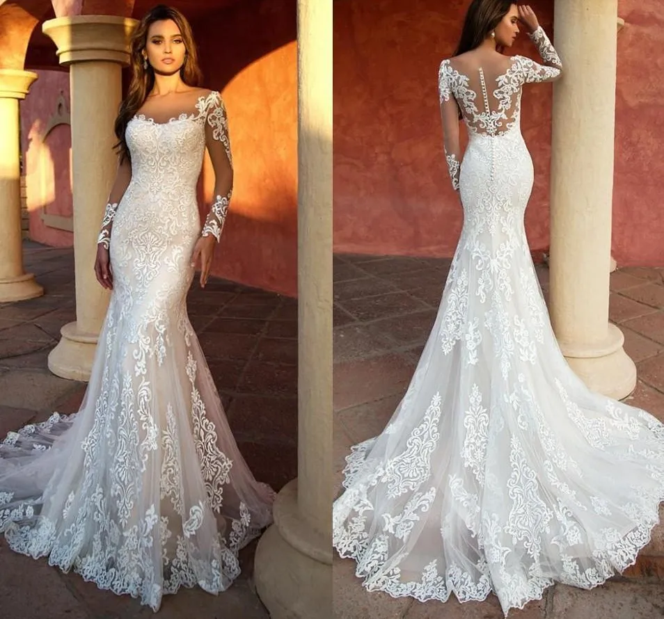 Sexy New Mermaid Wedding Dresses Elegant Long Sleeve Appliqued Lace with Tulle Bride Gowns Illusion Robe De Mariee