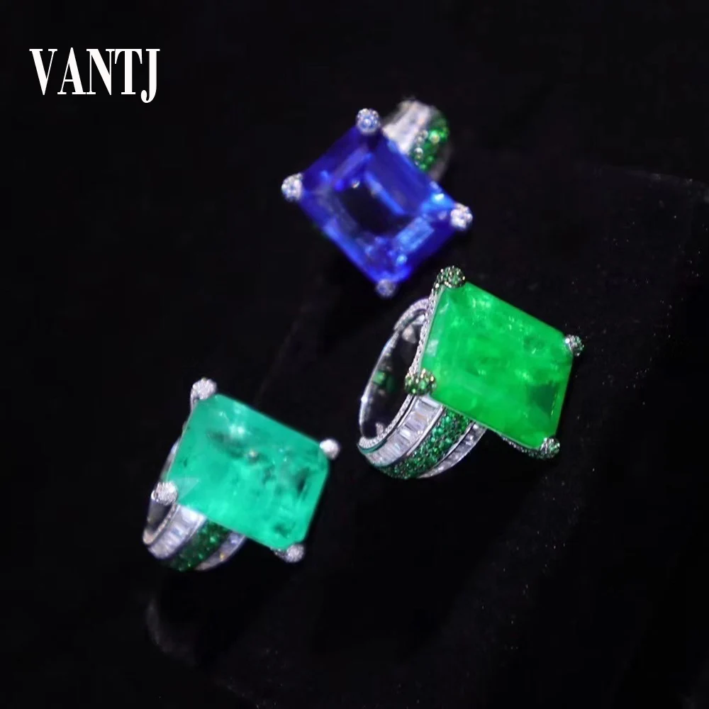 

VANTJ New Paraiba Rings Sterling 925 Silver Created Sapphire Emerald Big Stone15*20mm for Women Party Wedding Jewelry Gift