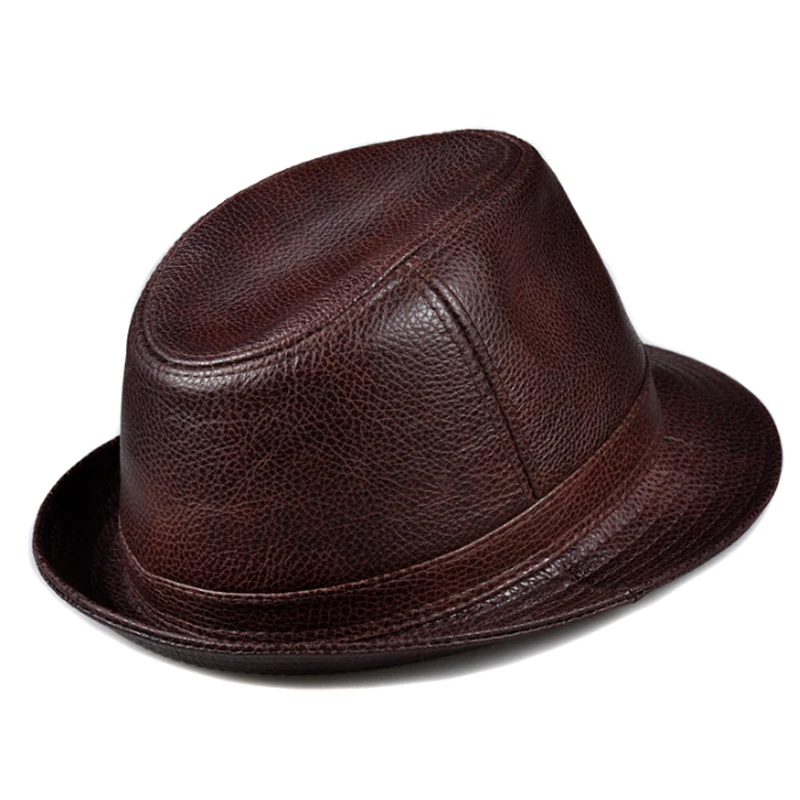 New 2024 Man High Quality Genuine Leather Jazz Fedora Gentleman Cow Skin Short Brim Black/Brown Top Hat Male Shows Topper