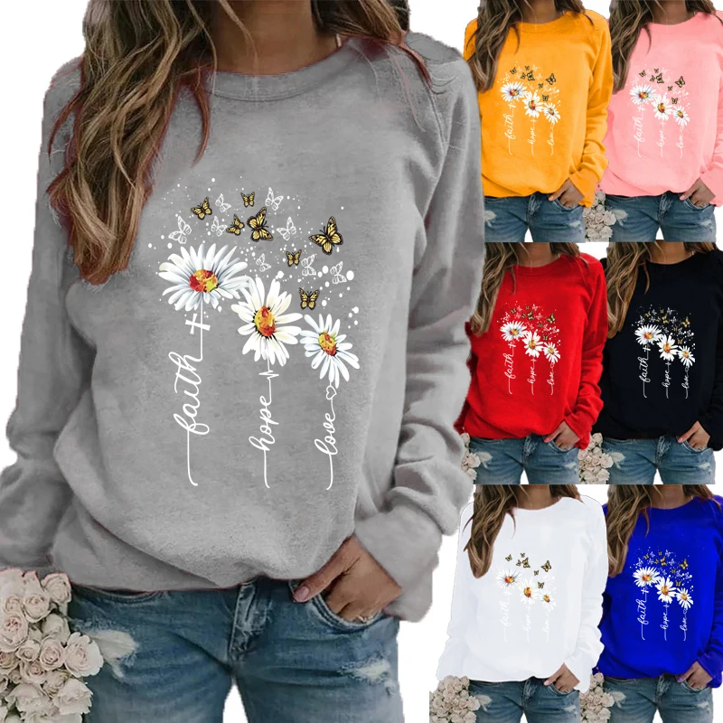 

Winter Women's Daisy Printed Tops T-shirt Ladies Round Neck Long Sleeve Casual Sweatshirt Plus Size Blouse