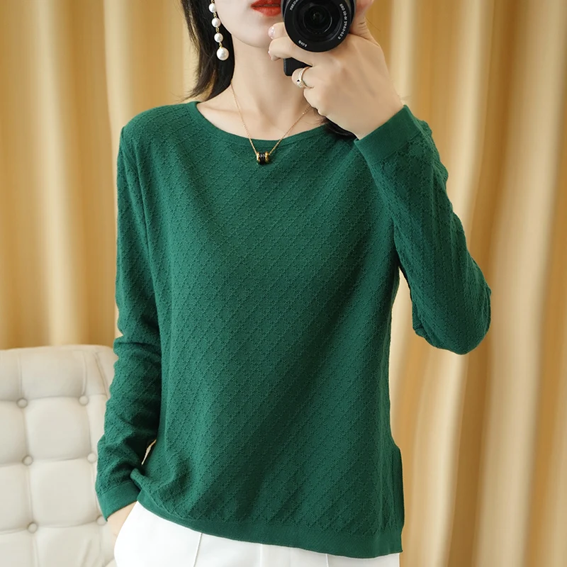 Tailor sheep cotton knit sweater women\'s o-neck long-sleeved knit pullover short split openwork sweater