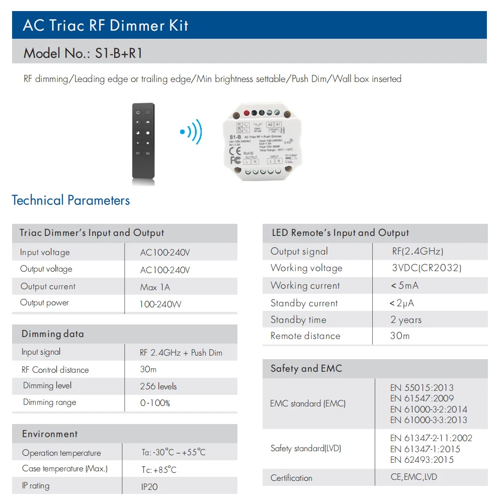 MJJC S1-B LED Dimmer 220V 230V 110V PWM Dimer 2.4G RF Remote Control Push Switch 220V AC Triac Dimmer for LED Lamp Light Bulb