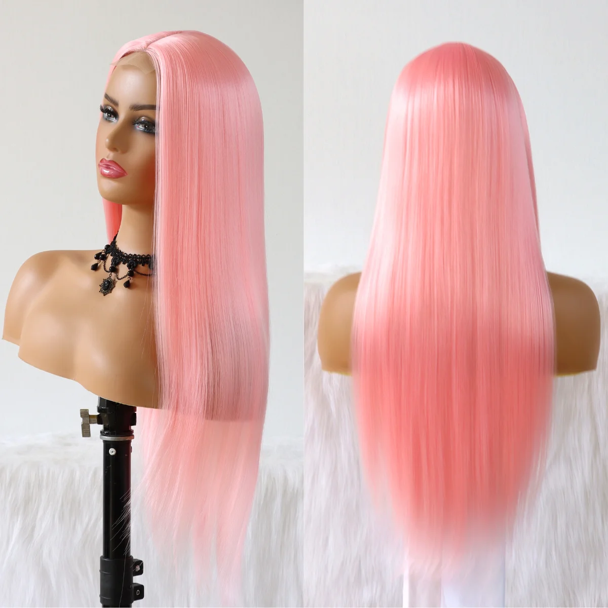 Pink Synthetic Hair Lace Wigs with Natural Baby Hair Long Straight Wig Cosplay Daily Party Use for Fashion Women