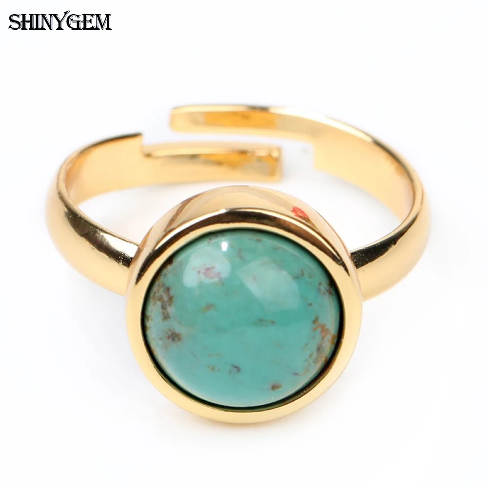 ShinyGem 2020 Fashion Gold Plated Adjustable Ring 10mm Round Gems Natural Green Stone Turquoises For Women Men