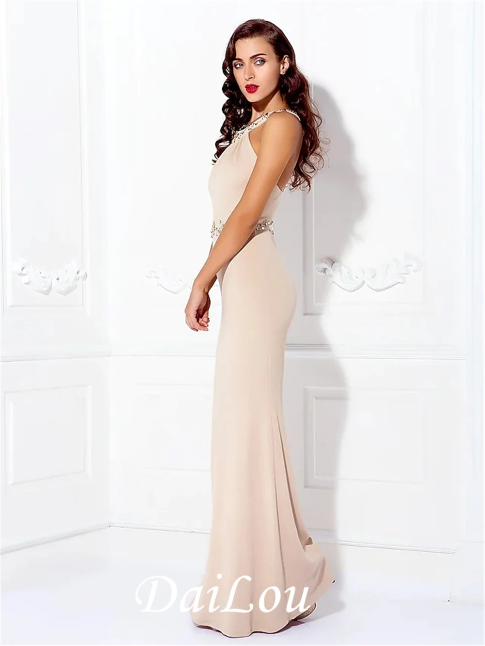 Mooie Terug Minimalistische Elegante Prom Avondjurk Halter Hals Mouwloos Floor Lengte Spandex Met Kralen 2022